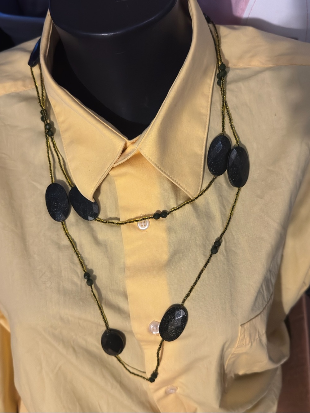 Layered Olive Green Gold Stone Beaded Flapper Necklace